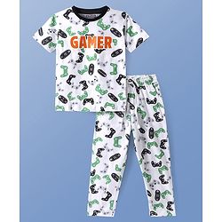 Pine Kids Single Jersey Knit Half Sleeves Night Suit With Gamer Text Print - White