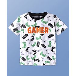 Pine Kids Single Jersey Knit Half Sleeves Night Suit With Gamer Text Print - White