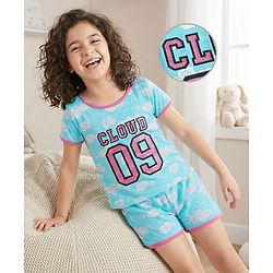 Pine Kids Single Jersey Knit Half Sleeves Shorts Night Suit Text Glitter Print - Light Blue