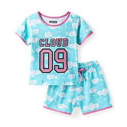 Pine Kids Single Jersey Knit Half Sleeves Shorts Night Suit Text Glitter Print - Light Blue