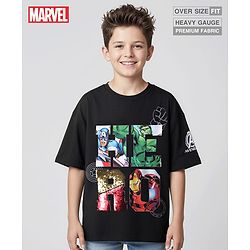 Pine Kids Marvel Terry Knit Half Sleeves Oversized T-Shirt with Avengers Graphics & Sequins Detailing - Black