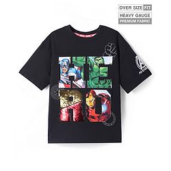 Pine Kids Marvel Terry Knit Half Sleeves Oversized T-Shirt with Avengers Graphics & Sequins Detailing - Black