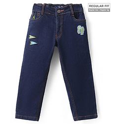 Pine Kids Woven Full Length Washed Denim Jeans With Paper Plane Patch - Navy Blue