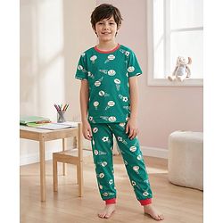 Pine Kids Single Jersey Knit Half Sleeves Sport Graphic Night Suit Set - Dark Green