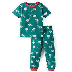 Pine Kids Single Jersey Knit Half Sleeves Sport Graphic Night Suit Set - Dark Green