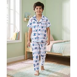 Pine Kids Single Jersey Knit Half Sleeves Night Suit with Text Print - White & Blue