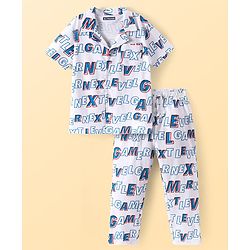Pine Kids Single Jersey Knit Half Sleeves Night Suit with Text Print - White & Blue