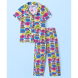 Pine Kids Single Jersey Knit Half Sleeves Night Suit with Heart & Text Print - Blue & Green