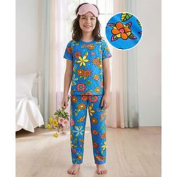 Pine Kids Single Jersey Knit Half Sleeves Night Suit with Floral Print - Blue
