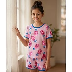 Pine Kids Single Jersey Knit Half Sleeves Shorts Night Suit with Tropical Print - Pink