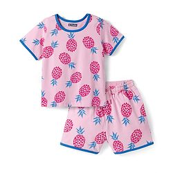 Pine Kids Single Jersey Knit Half Sleeves Shorts Night Suit with Tropical Print - Pink