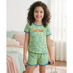 Pine Kids Single Jersey Knit Half Sleeves Shorts Night Suit with Tropical Text Print - Light Green