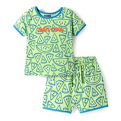 Pine Kids Single Jersey Knit Half Sleeves Shorts Night Suit with Tropical Text Print - Light Green