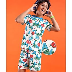 Pine Kids Single Jersey Knit Half Sleeves Shorts Night Suit With Tropical Theme Print - White