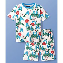 Pine Kids Single Jersey Knit Half Sleeves Shorts Night Suit With Tropical Theme Print - White