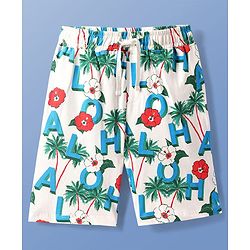 Pine Kids Single Jersey Knit Half Sleeves Shorts Night Suit With Tropical Theme Print - White