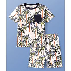 Pine Kids Single Jersey Knit Half Sleeves Shorts Night Suit with Tropical Print -  White