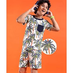 Pine Kids Single Jersey Knit Half Sleeves Shorts Night Suit with Tropical Print -  White