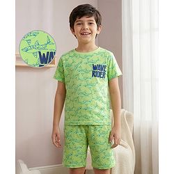 Pine Kids Single Jersey Knit Half Sleeves T-Shirt & Short Night Suit   with Fish Print - Light Green