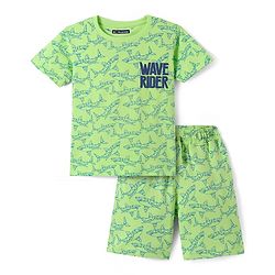 Pine Kids Single Jersey Knit Half Sleeves T-Shirt & Short Night Suit   with Fish Print - Light Green