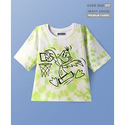 Pine Kids Cotton Knit Half Drop Shoulder Sleeves Over Size Fit T-Shirt with Duck & Basket Ball Print - White