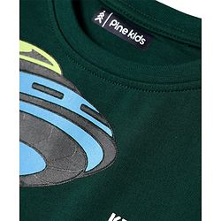 Pine Kids Cotton Knit Half Drop Shoulder Sleeves T-Shirt with Dino Print - Dark Green