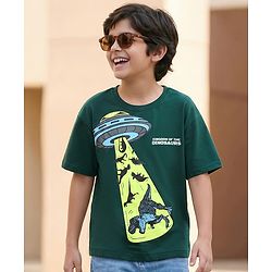 Pine Kids Cotton Knit Half Drop Shoulder Sleeves T-Shirt with Dino Print - Dark Green