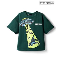 Pine Kids Cotton Knit Half Drop Shoulder Sleeves T-Shirt with Dino Print - Dark Green