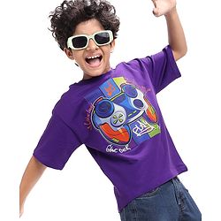 Pine Kids Cotton Knit Half Sleeves Oversized Fit T-Shirt with Gaming Console Print - Violet