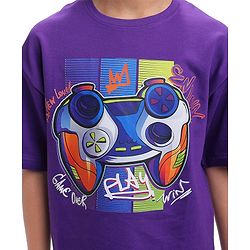Pine Kids Cotton Knit Half Sleeves Oversized Fit T-Shirt with Gaming Console Print - Violet
