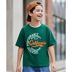 Pine Kids Cotton Knit Half Sleeves Drop Shoulder  T-Shirt with California Text Print T-Shirt - Dark Green
