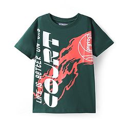 Pine Kids Cotton Knit Half Sleeves T-Shirt With Text Print - Dark Green