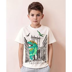 Pine Kids Cotton Knit Half Sleeves T-Shirt With Dino Print - White