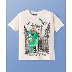 Pine Kids Cotton Knit Half Sleeves T-Shirt With Dino Print - White