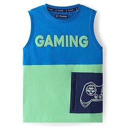 Pine Kids Cotton Knit Sleeveless Cut & Sew Tank T-Shirt with Gaming Text Print - Green & Blue