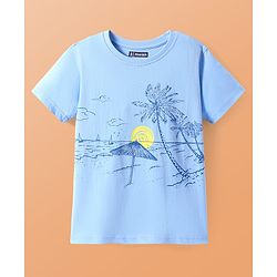 Pine Kids Cotton Knit Half Sleeves T-Shirt with Beach Theme Print - Light Blue