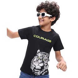 Pine Kids Cotton Knit Half Sleeves T-Shirt With Tiger & Courage Text Print - Black