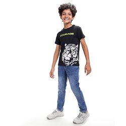 Pine Kids Cotton Knit Half Sleeves T-Shirt With Tiger & Courage Text Print - Black