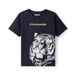 Pine Kids Cotton Knit Half Sleeves T-Shirt With Tiger & Courage Text Print - Black