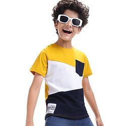 Pine Kids Cotton Knit Half Sleeves Cut & Sew T-Shirt - Yellow & Navy Blue & White