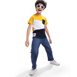 Pine Kids Cotton Knit Half Sleeves Cut & Sew T-Shirt - Yellow & Navy Blue & White