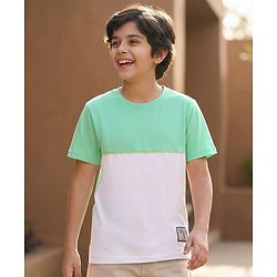 Pine Kids Cotton Knit Half Sleeves Cut & Sew T-Shirt with Patch Detailing - Light Green & White