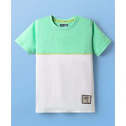Pine Kids Cotton Knit Half Sleeves Cut & Sew T-Shirt with Patch Detailing - Light Green & White