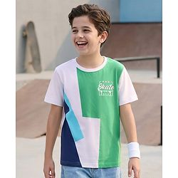Pine Kids Cotton Knit Half Sleeves Colo Block T-Shirt with Text Print - Green & White
