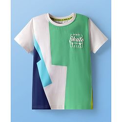 Pine Kids Cotton Knit Half Sleeves Colo Block T-Shirt with Text Print - Green & White