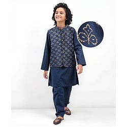 Pine Kids Woven Full Sleeves Kurta Pajama Set With Floral Foil Printed Jacket - Navy Blue