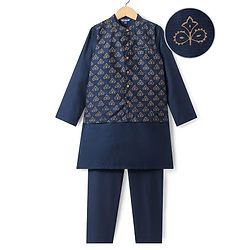 Pine Kids Woven Full Sleeves Kurta Pajama Set With Floral Foil Printed Jacket - Navy Blue