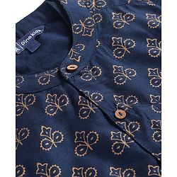 Pine Kids Woven Full Sleeves Kurta Pajama Set With Floral Foil Printed Jacket - Navy Blue
