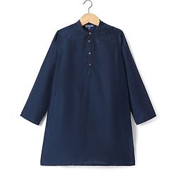 Pine Kids Woven Full Sleeves Kurta Pajama Set With Floral Foil Printed Jacket - Navy Blue