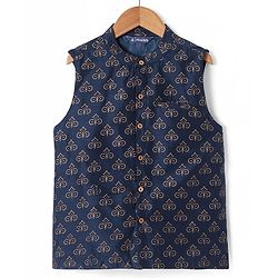Pine Kids Woven Full Sleeves Kurta Pajama Set With Floral Foil Printed Jacket - Navy Blue